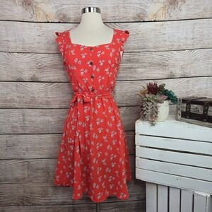 Monteau‎ Los Angeles Red Floral Ruffle Sleeve Fit & Flare Dress Small
